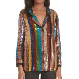 New Alice + Olivia Keir Rainbow Stripe Sequin PJ-Style Top $495 Size S NWT SALE